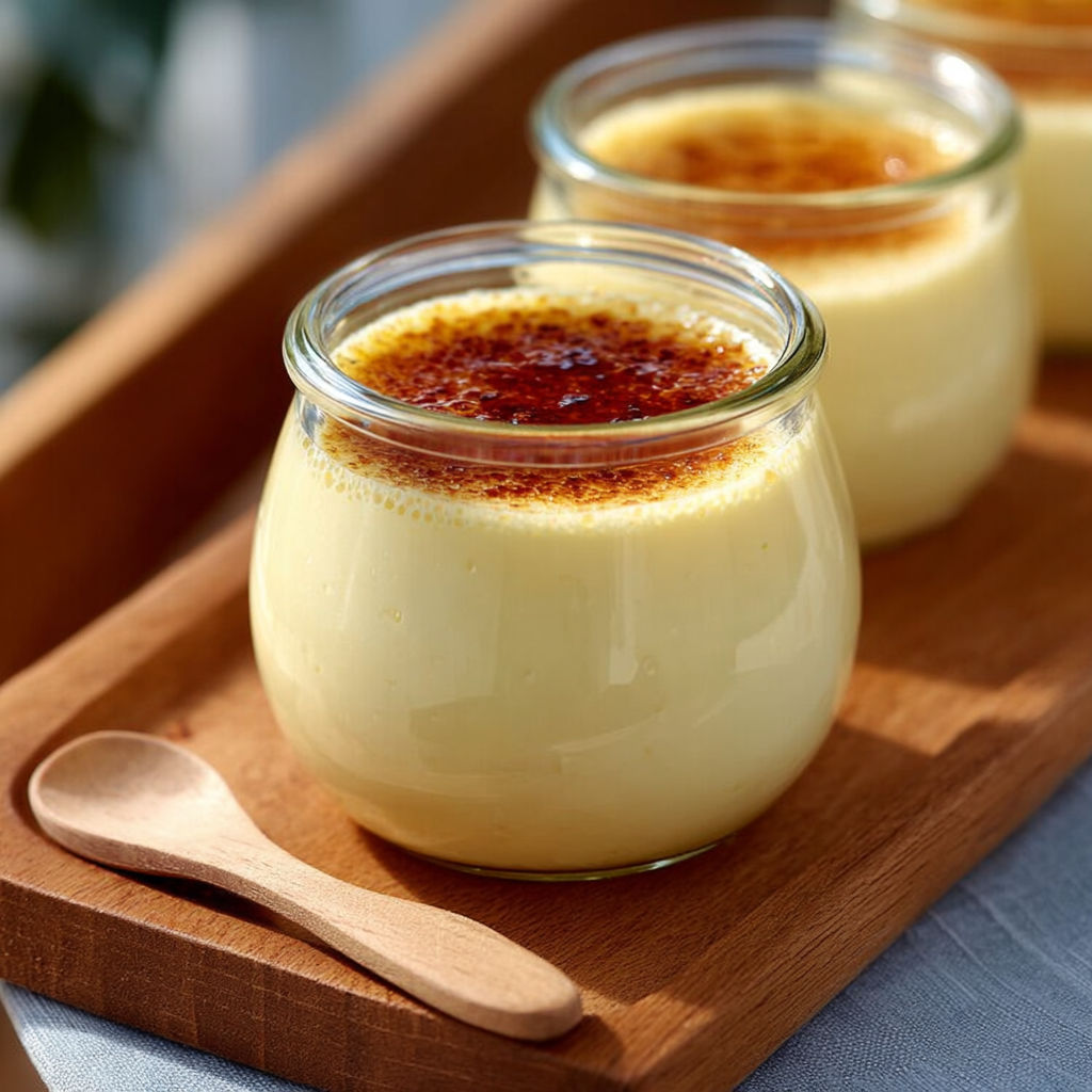 Une tarte au citron dans un vase en verre sur une planche de bois.
