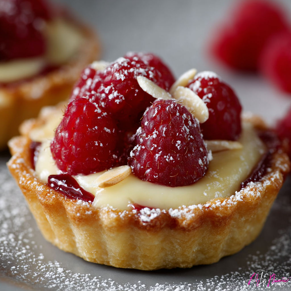 Une tartelettes aux amandes, gelée de framboises et crème pâtissière ultra-vanillée est servie sur un plateau.