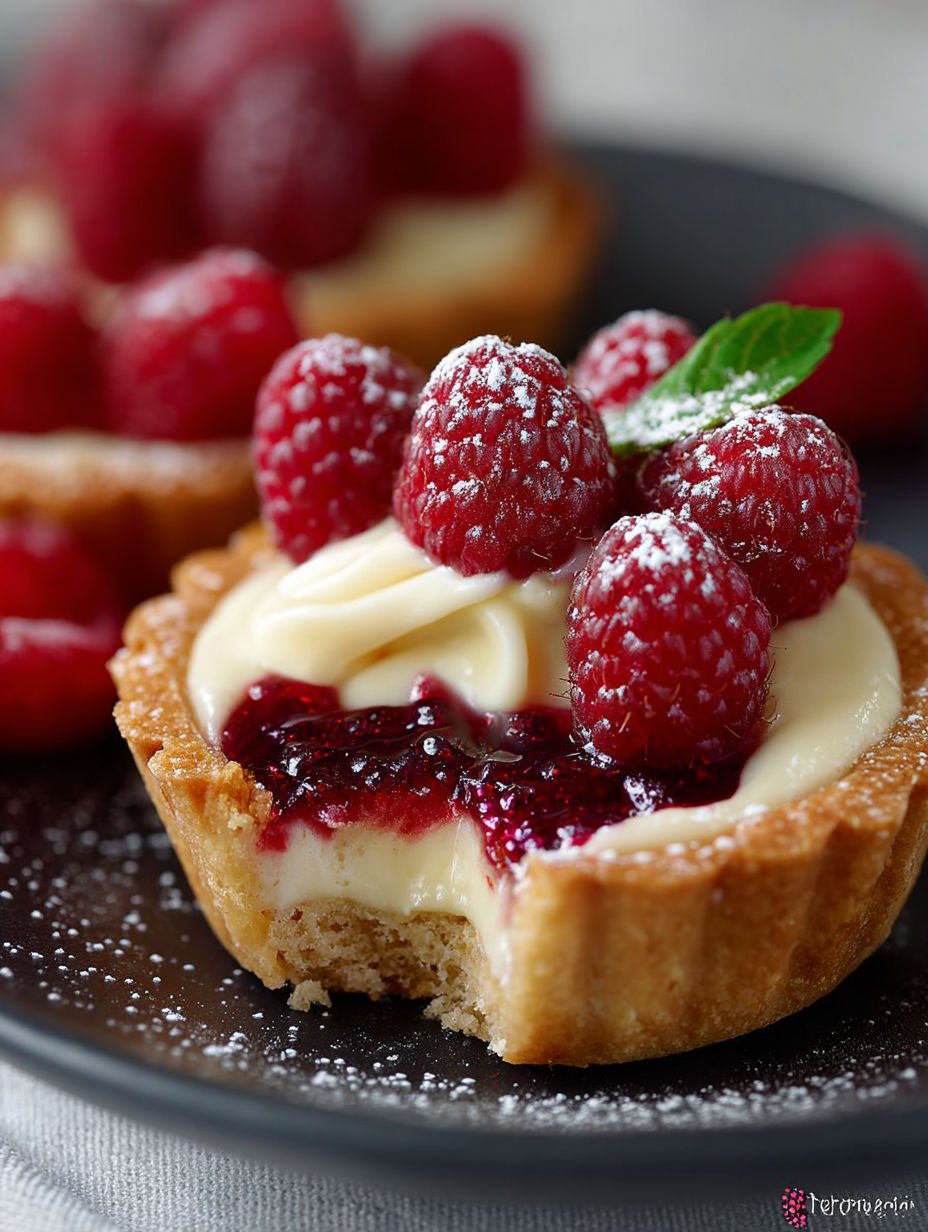 Une tarte aux fraises et au beurre, garnie de raspberries fraîches, est servie sur un plateau noir.