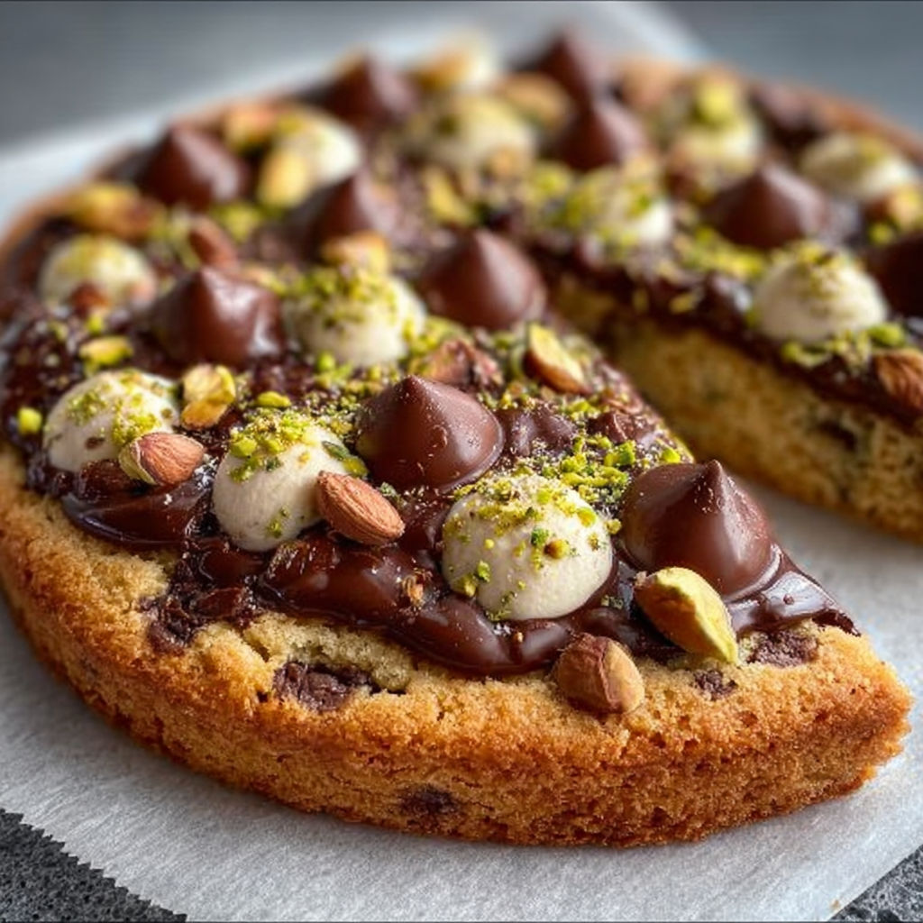 Une tarte aux noix et chocolat, garnie de marrons et de chocolat, est servie sur un plateau.