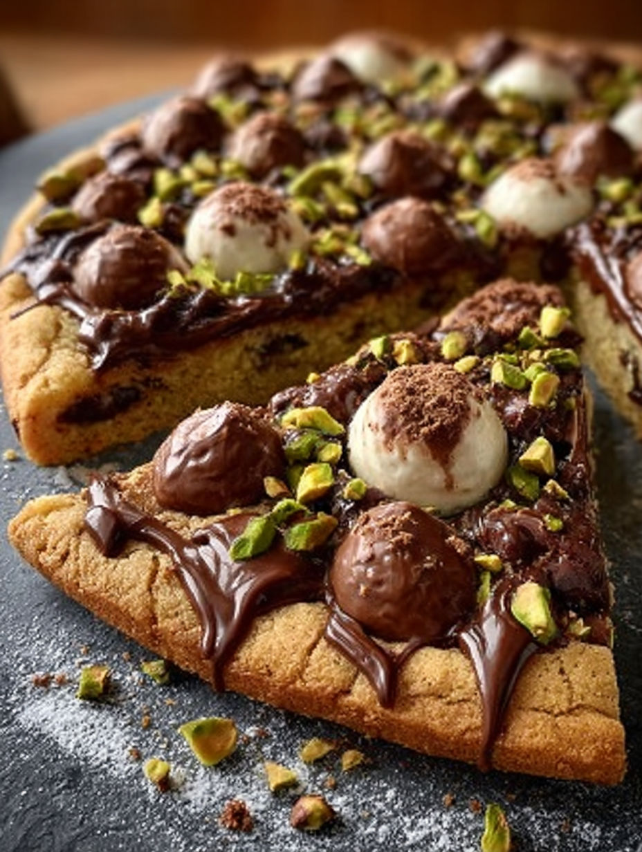 Une pizza chocolat avec des noix et des amandes.