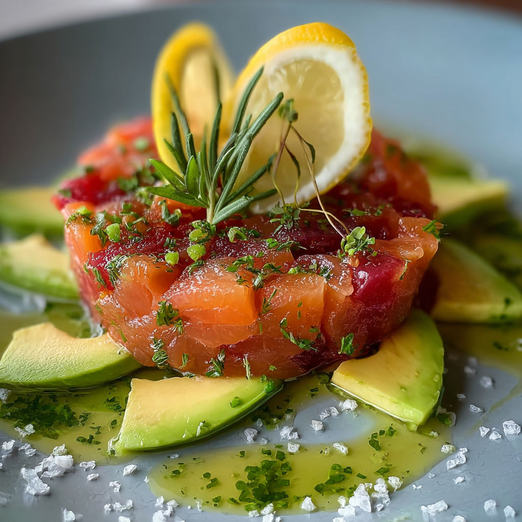 Une salade de saumon avec des avocats et des citrons.