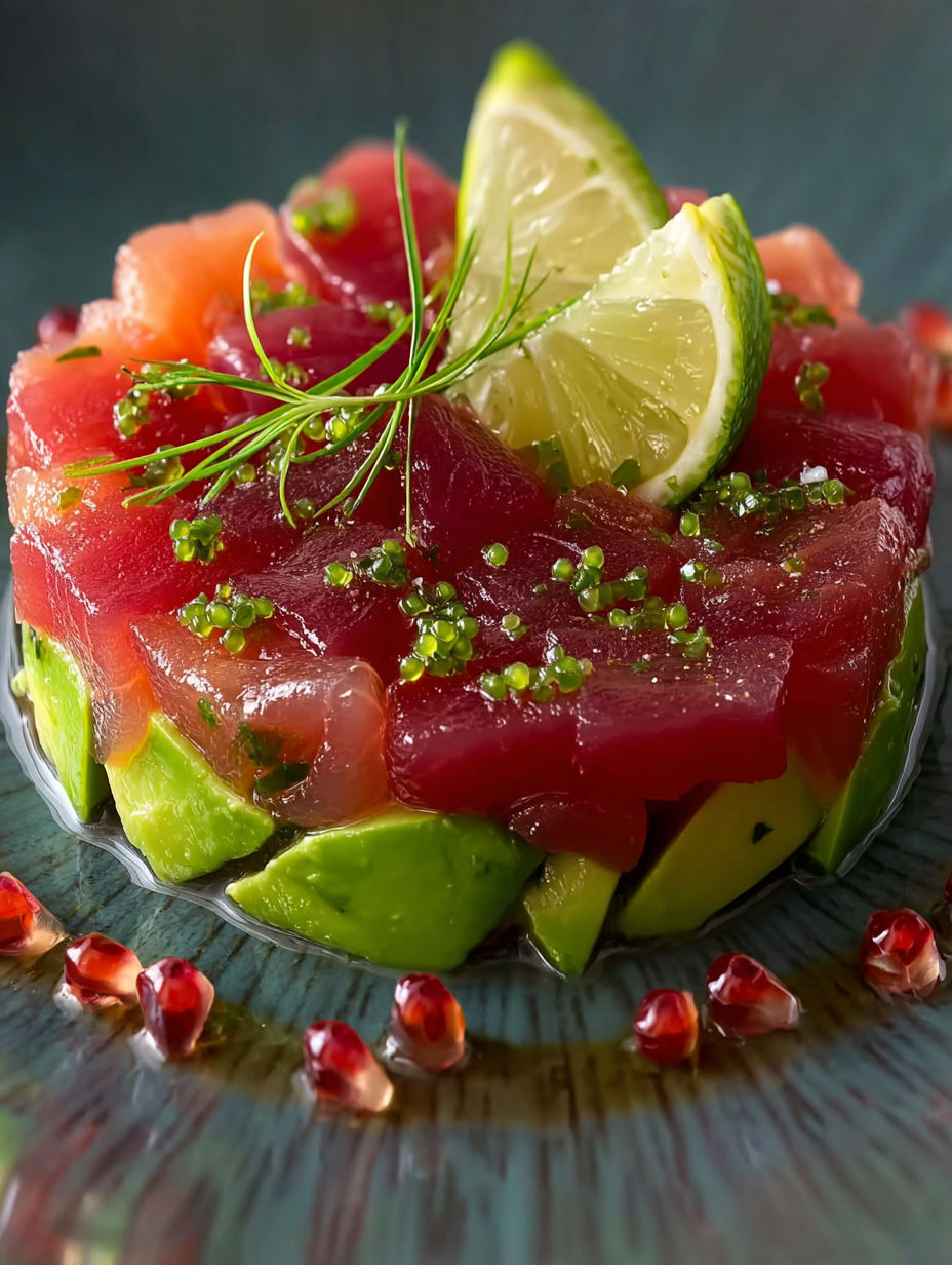 Une salade de poisson avec des avocats et des citrons.
