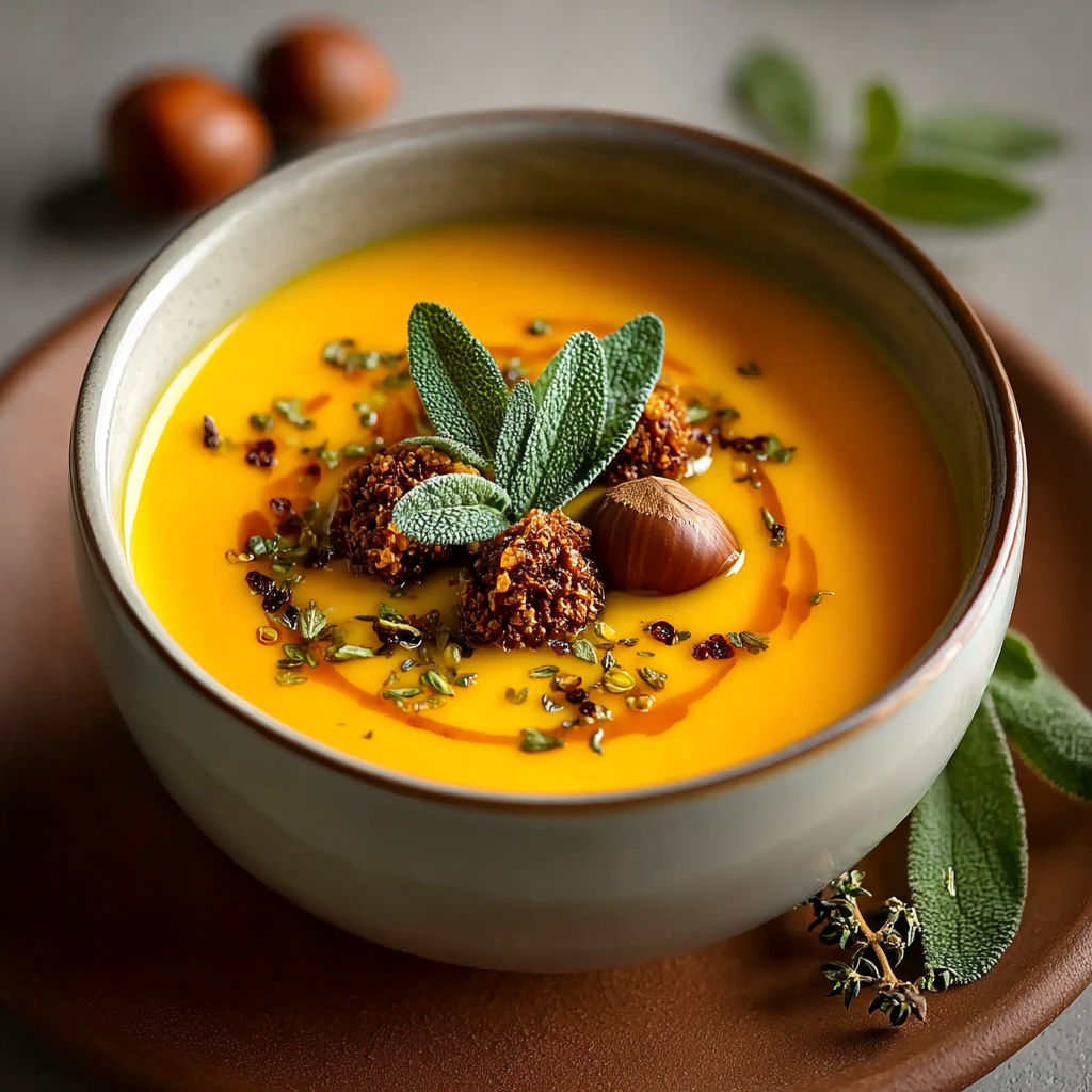 Une soupe chaude et épicée, la Velouté de potimarron aux châtaignes, est servie dans un bol en terre.