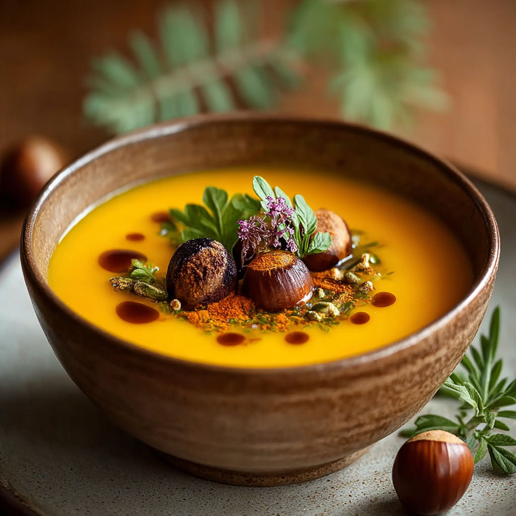Une soupe de potimarron aux châtaignes est servie dans un bol en terre.