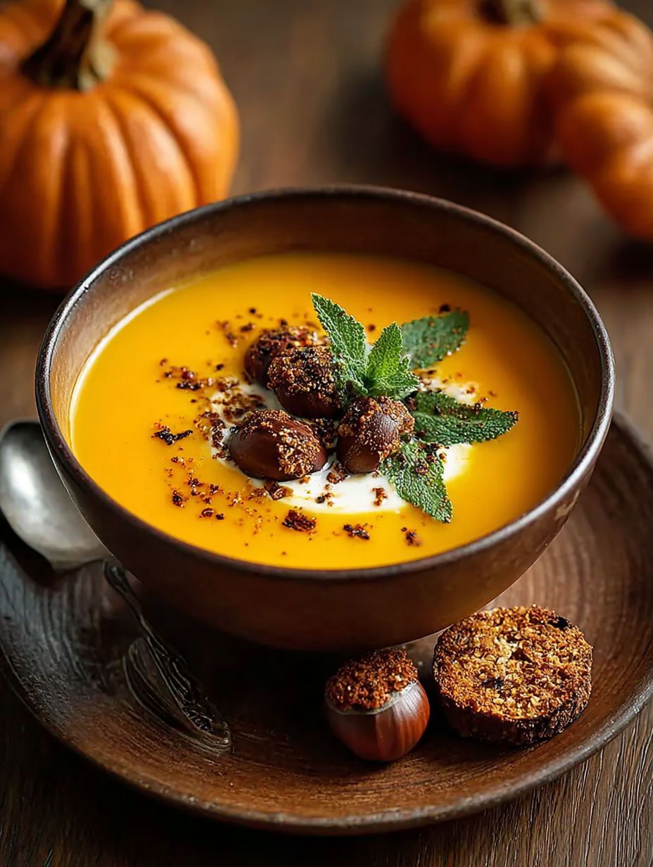 Une tasse de velouté de potimarron aux châtaignes, avec des châtaignes et des herbes vertes ajoutées.