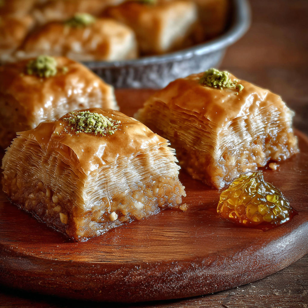 Une recette de Baklawa facile et rapide est présentée sur une planche de bois.