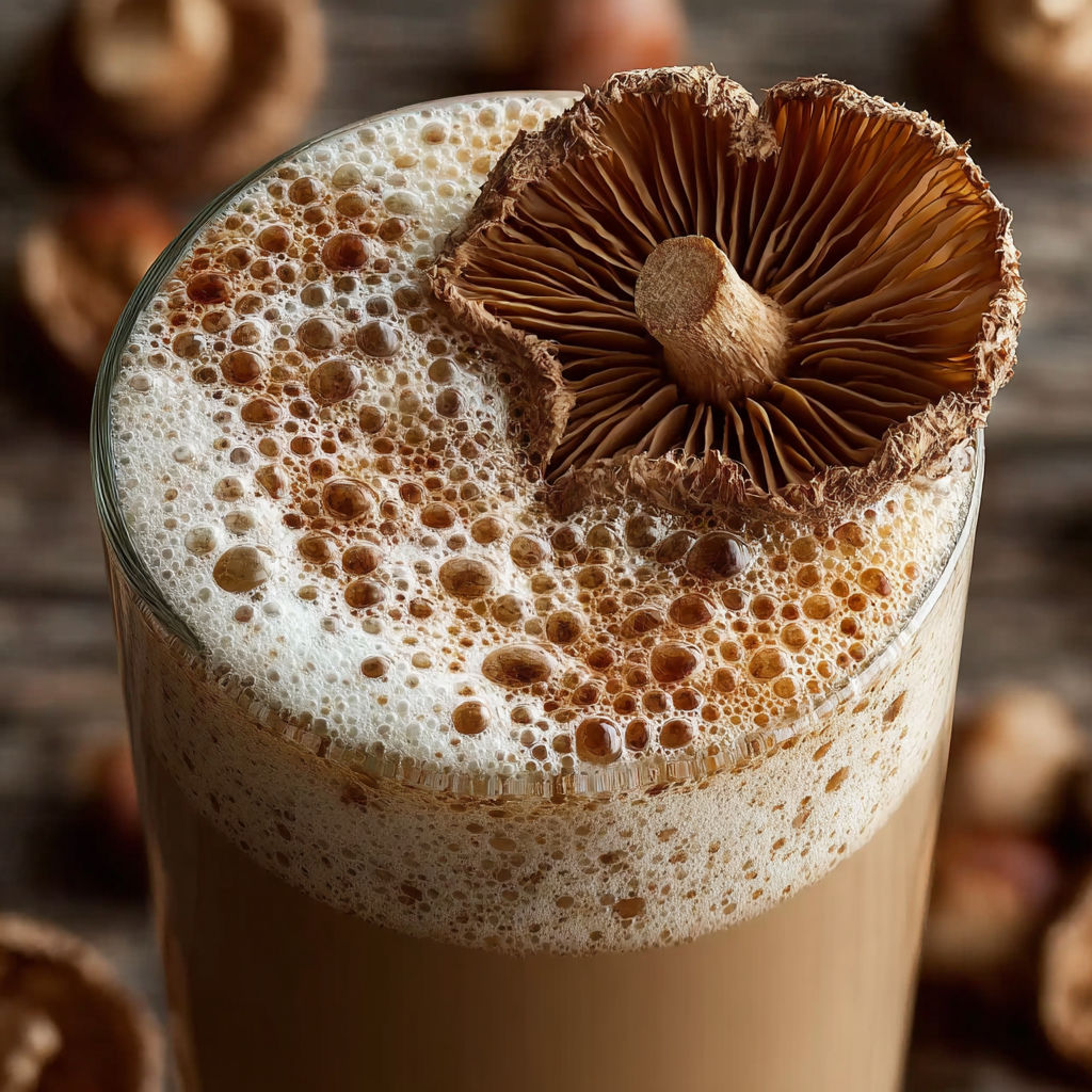 Un café au lait avec une poignée de champignons et une poignée de noix de coco.