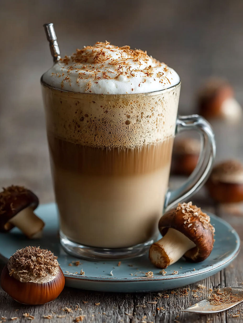 Un café au lait avec des champignons et de la crème chantilly.
