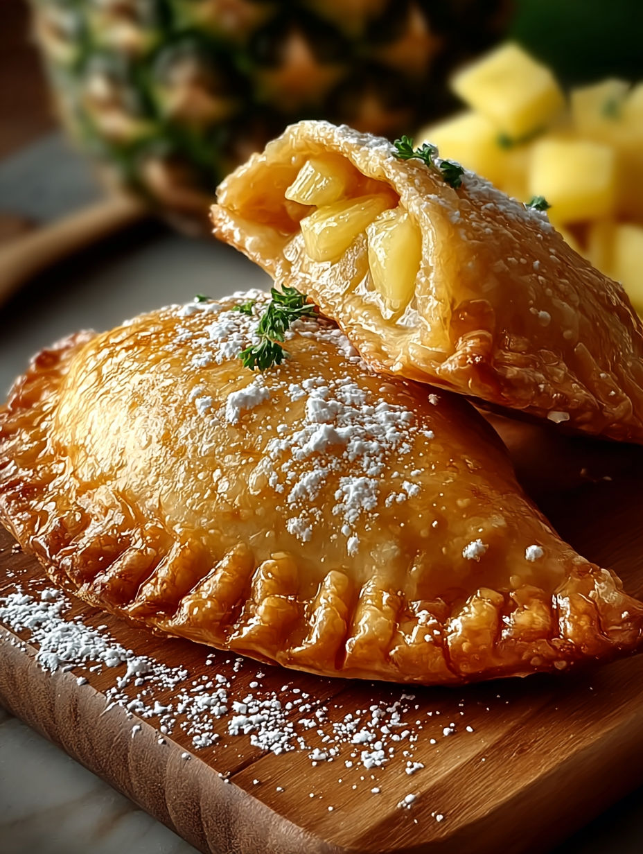 Deserts with powdered sugar and pineapple toppings.