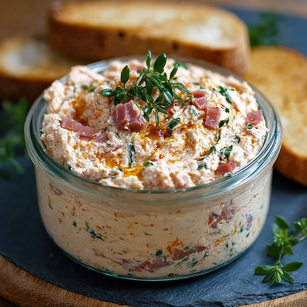 Un plat de Rillettes de Jambon Maison: Délice Crémeux aux Herbes Fraîches sur un plateau de bois.