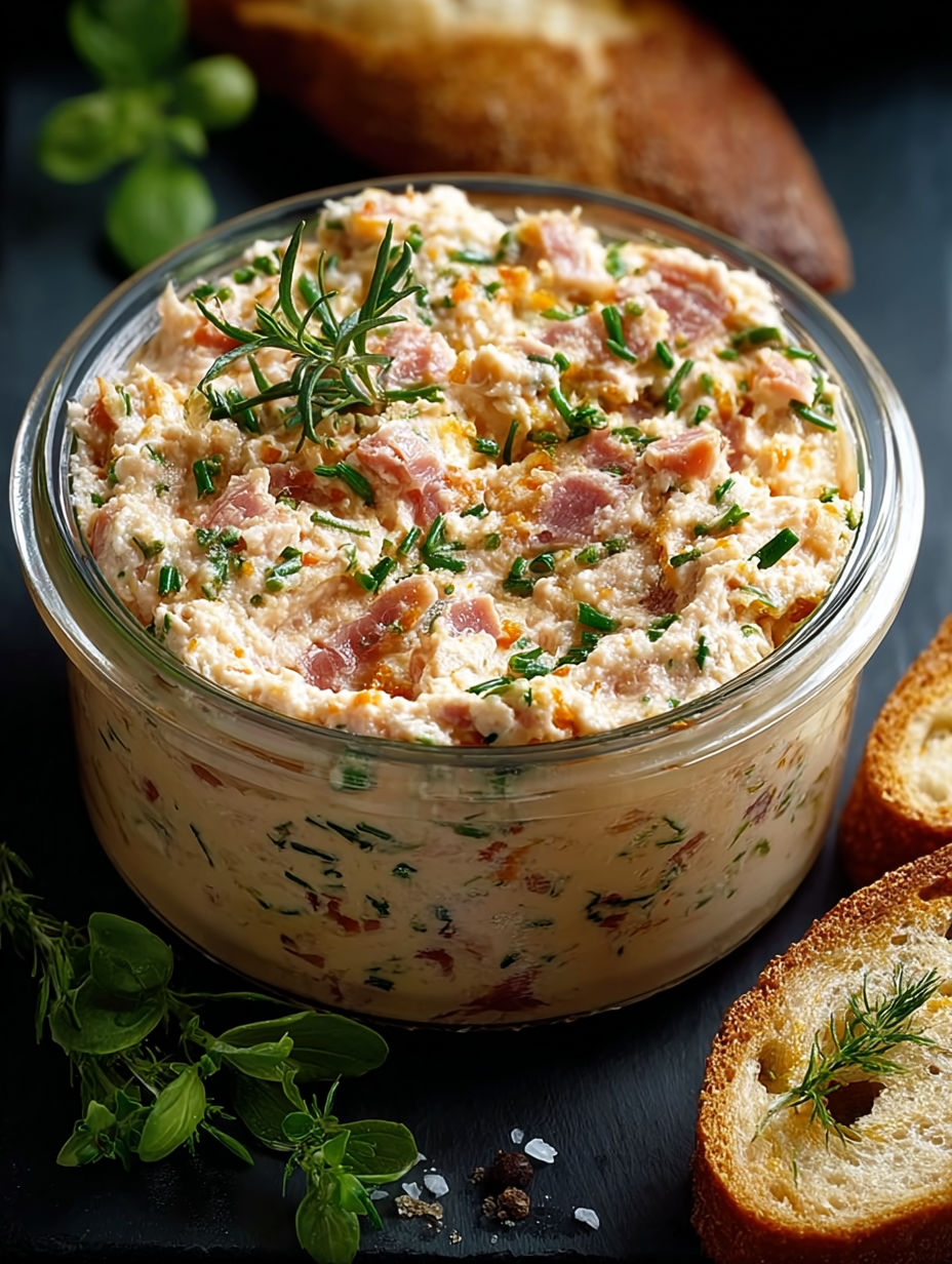 Une assiette de rillettes de jambon maison, garnie d'herbes fraîches, est servie sur un plateau avec des tranches de pain.