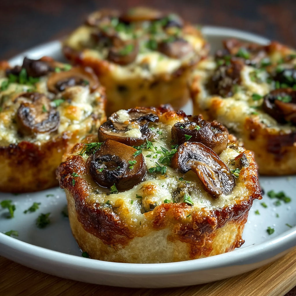 Quatre mini-tarts de mushroom sur un plateau.