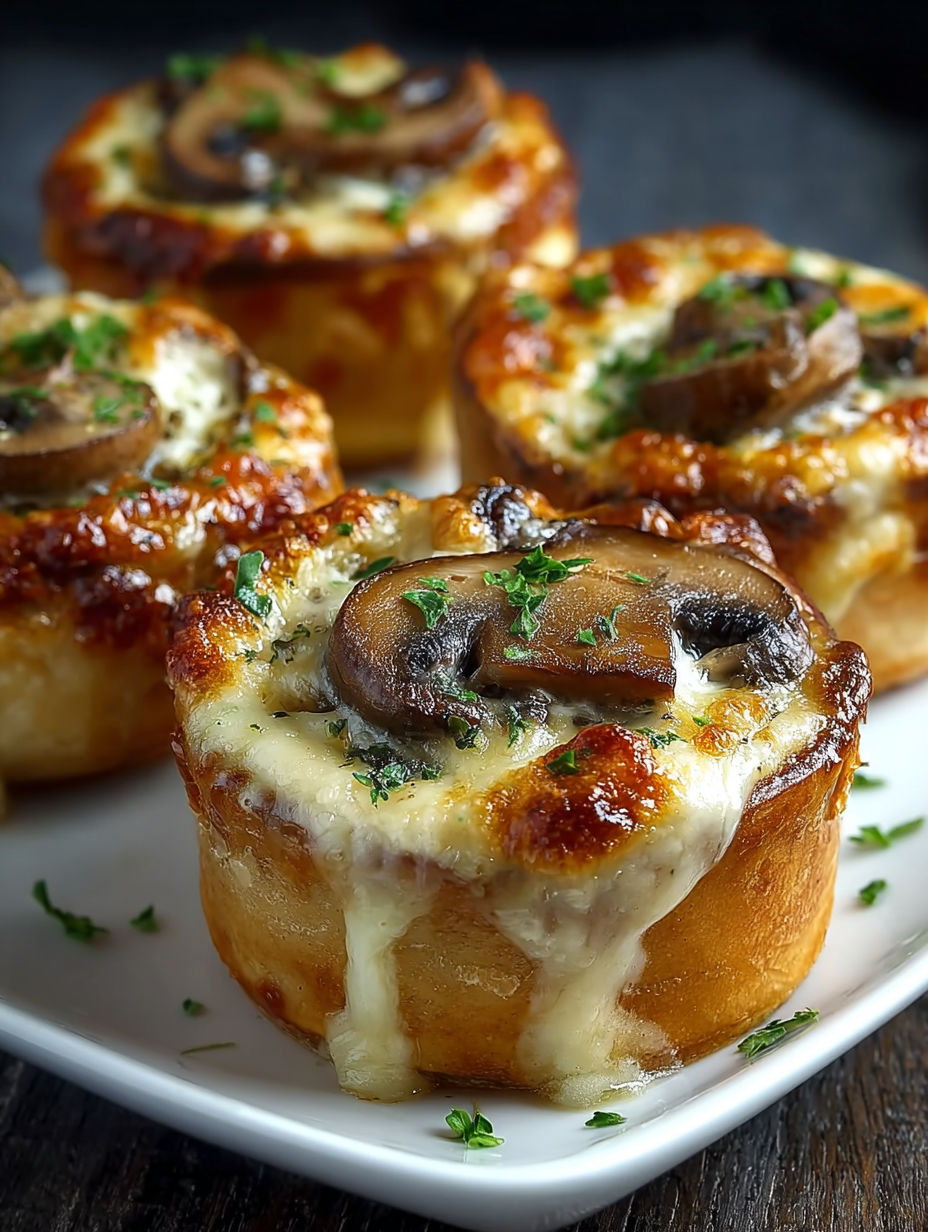 Quatre mini-tartes au chocolat et aux champignons, sur un plateau.
