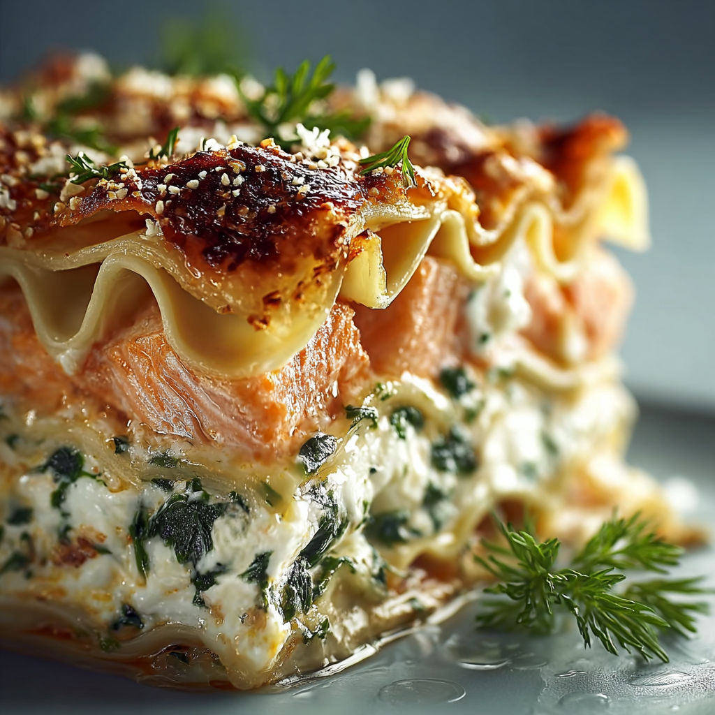 Un délicieux lasagnes au saumon, épinards et ricotta, présenté sur un plateau.