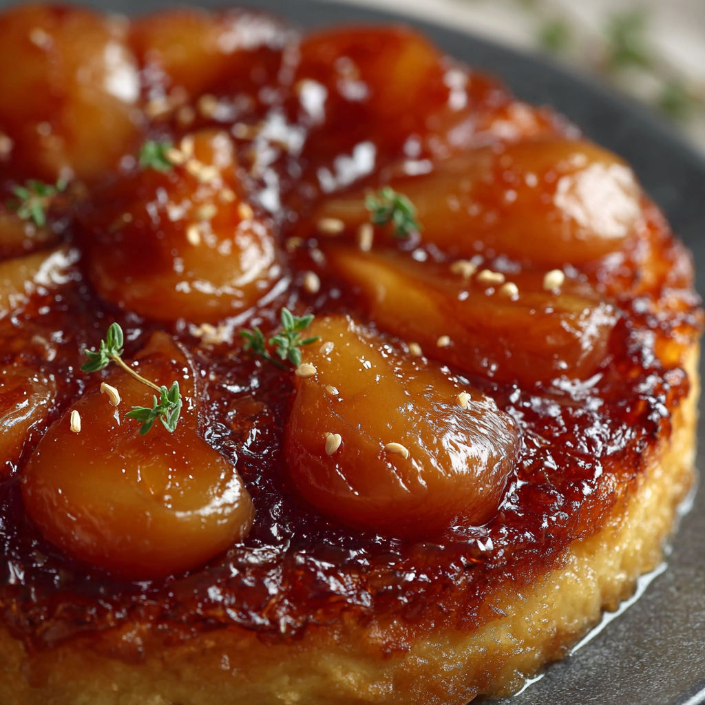 Une tarte aux pommes et épices, avec une sauce brune et des herbes fraîches, est servie sur un plateau.