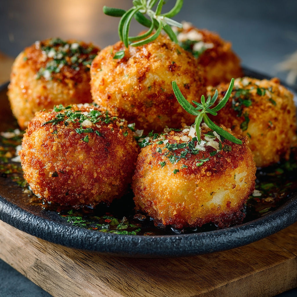 Une plaque de croquettes de risotto, garnies de herbes et de sauce, sur un plateau.