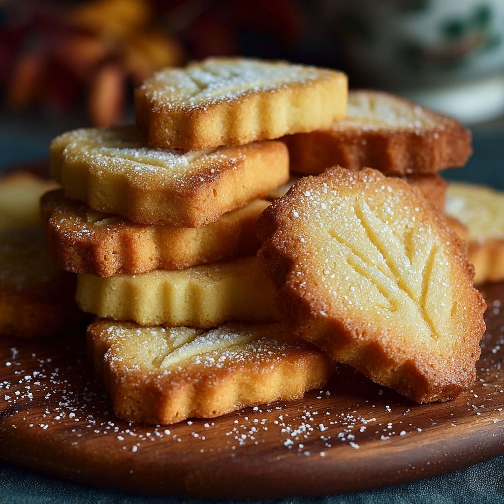 Une pile de biscuits au sucre, avec des graines de café sur le dessus, sur un plateau.