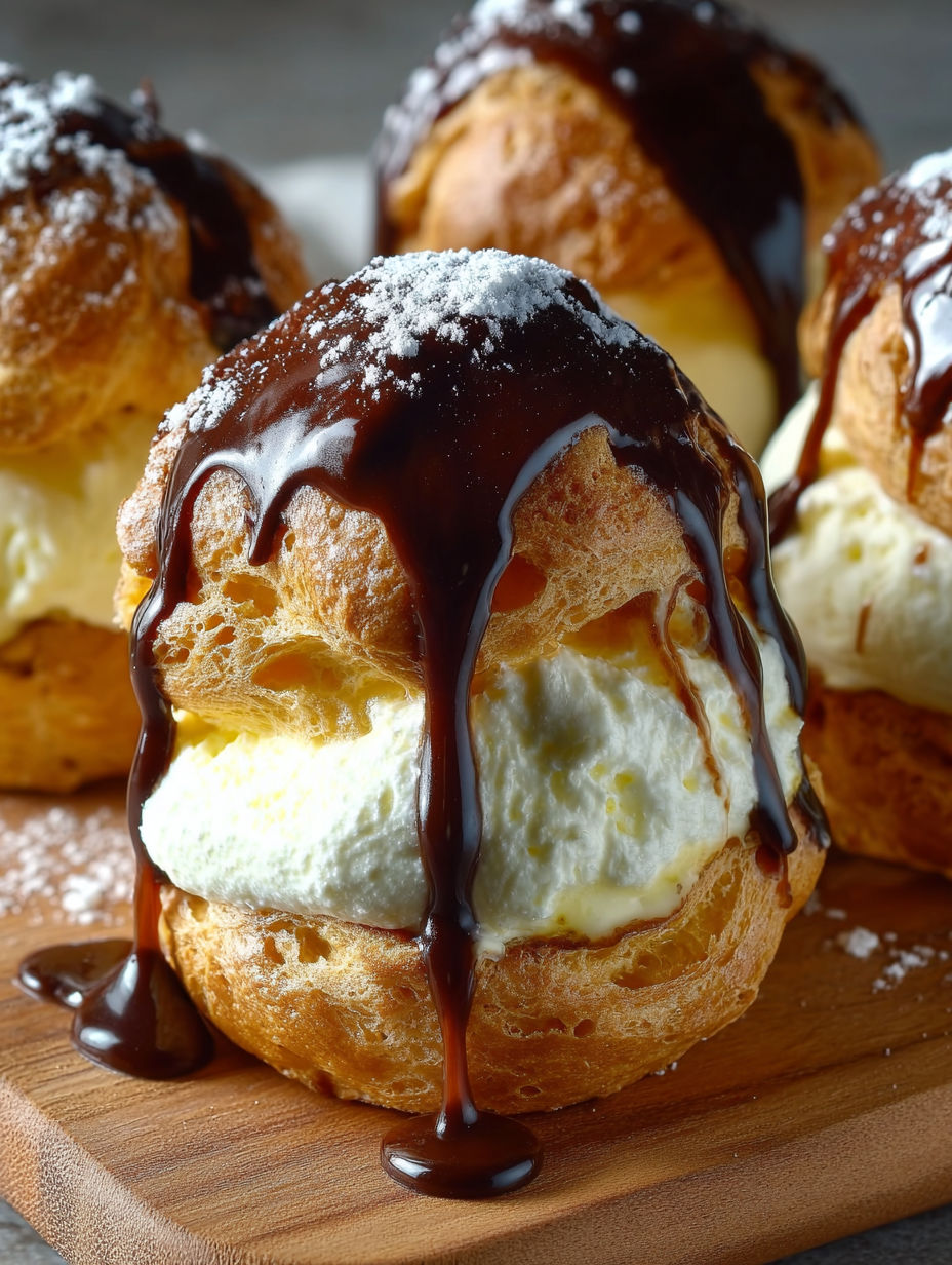 Profiteroles faciles, une recette simple et délicieuse, est servie sur un plateau en bois avec une sauce chocolat fondu.