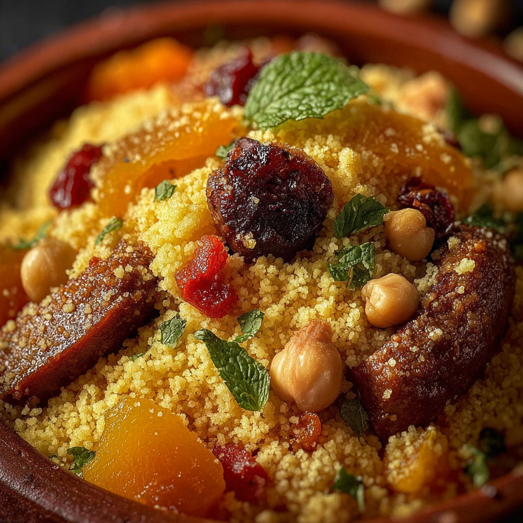 Une recette de couscous royal algérien est servie dans un bol en terre.