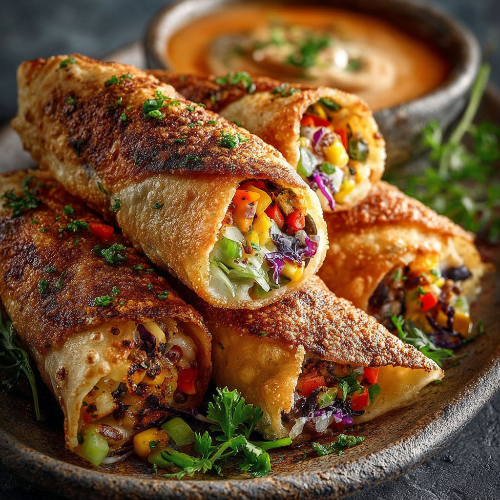 Rouleaux de printemps style sud-ouest, servis dans un bol en terre cuite.