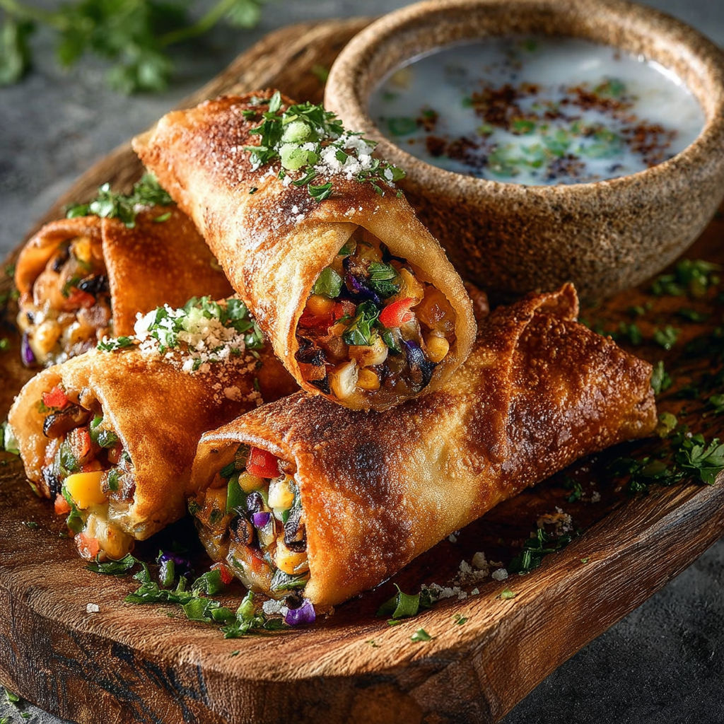 Une plaque de bois avec des crepes et des sauces.