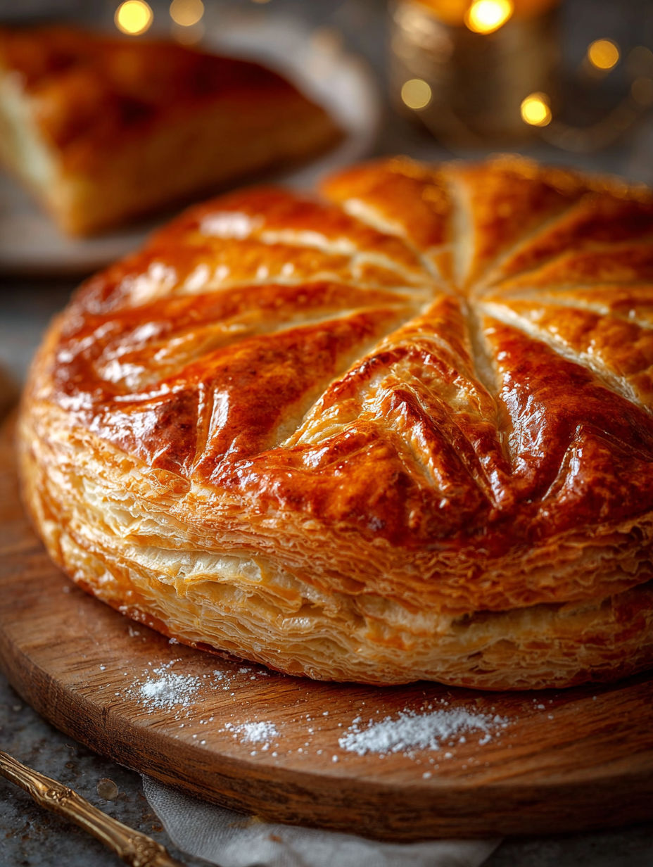 Une tarte au citron est servie sur un plateau en bois.