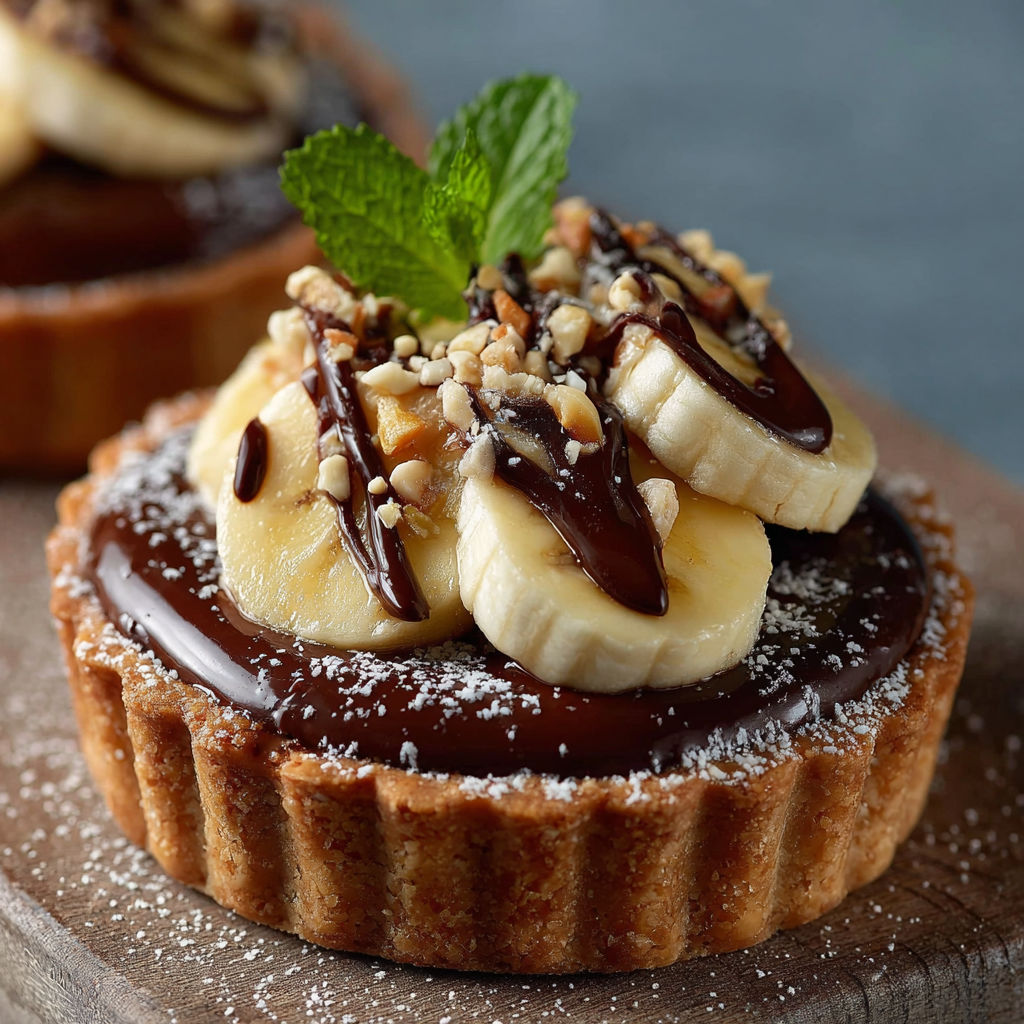 Une tarte aux bananas et au chocolat, garnie d'une feuille de menthe, est servie sur un plateau.