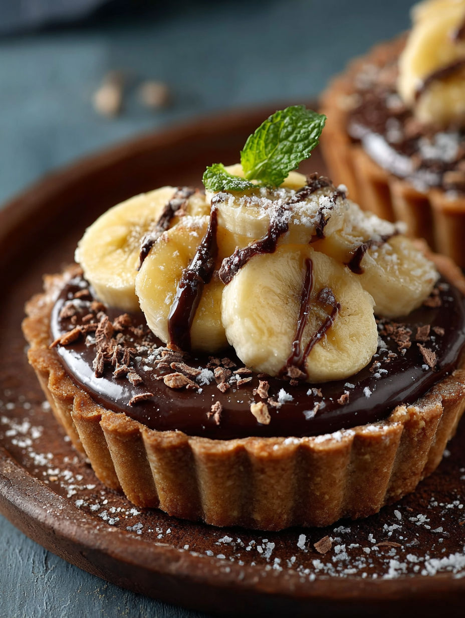 Une tarte aux bananas et chocolat, garnie d'une poignée de bananes et de menthe, est servie sur un plateau.