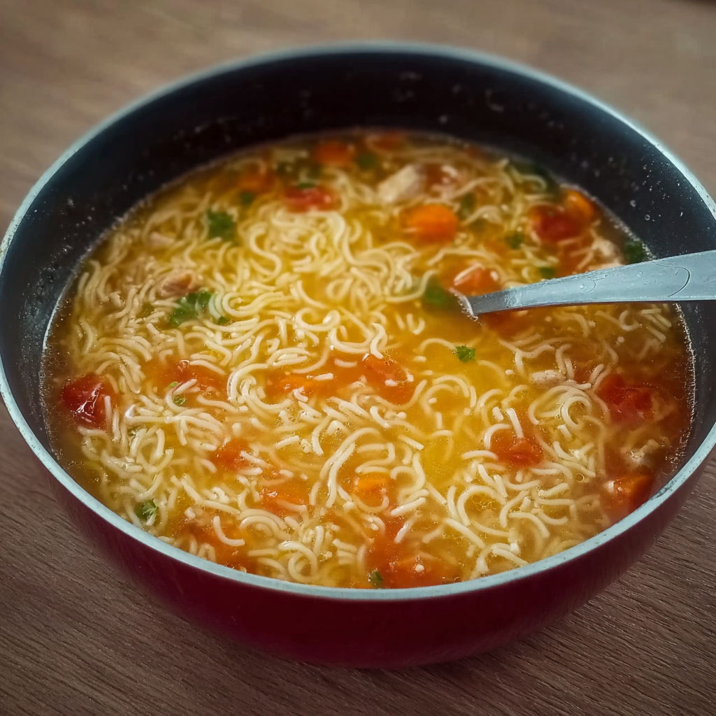 Une soupe aux vermicelles maison dans un bol en métal.