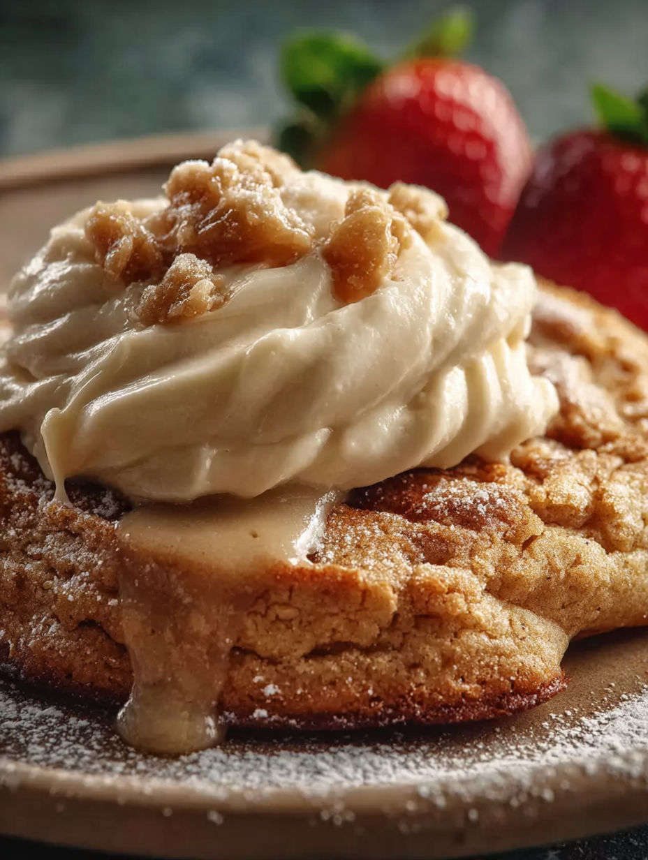Une tarte aux fruits et crème, garnie de crumble de miel et de strawberries, est servie sur un plateau.
