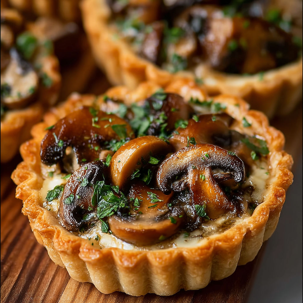 Une tartelettes aux champignons est servie sur une table.