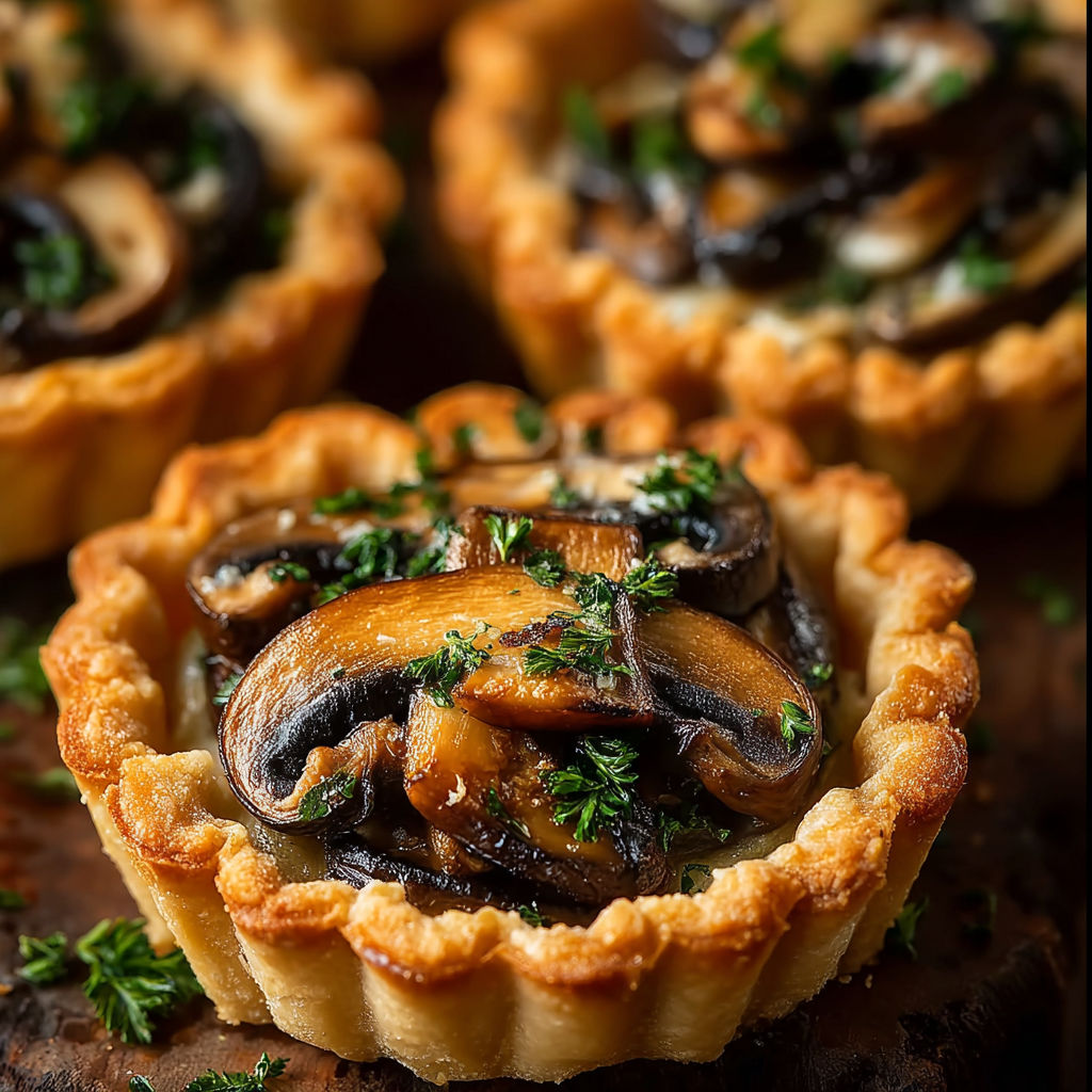 Une tarte aux champignons est servie sur une table.