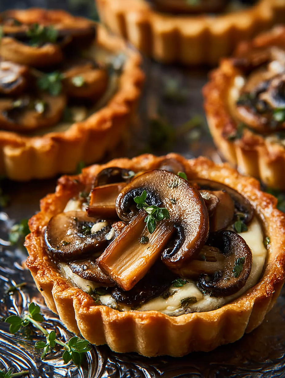 Une tarte aux champignons est servie sur une plaque de verre.