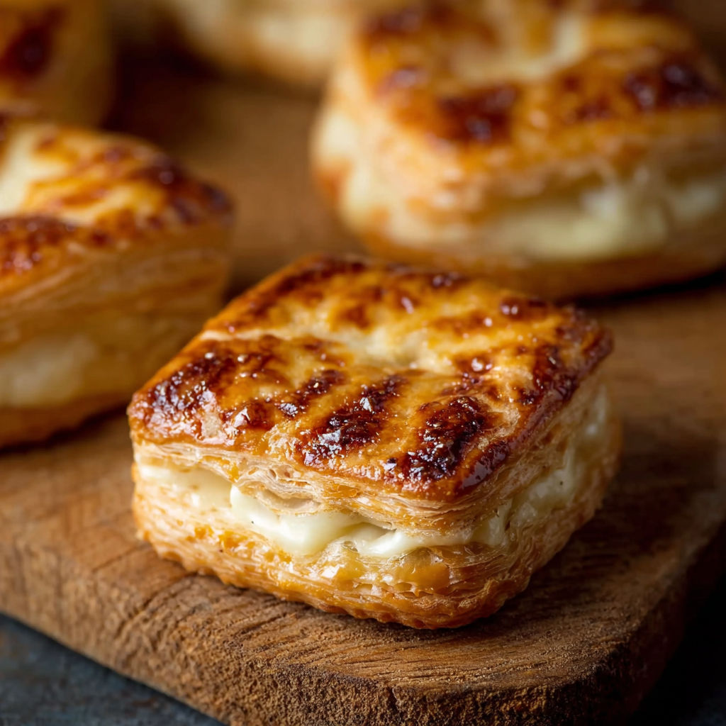 Des petits feuilletés au fromage sur une planche de bois.