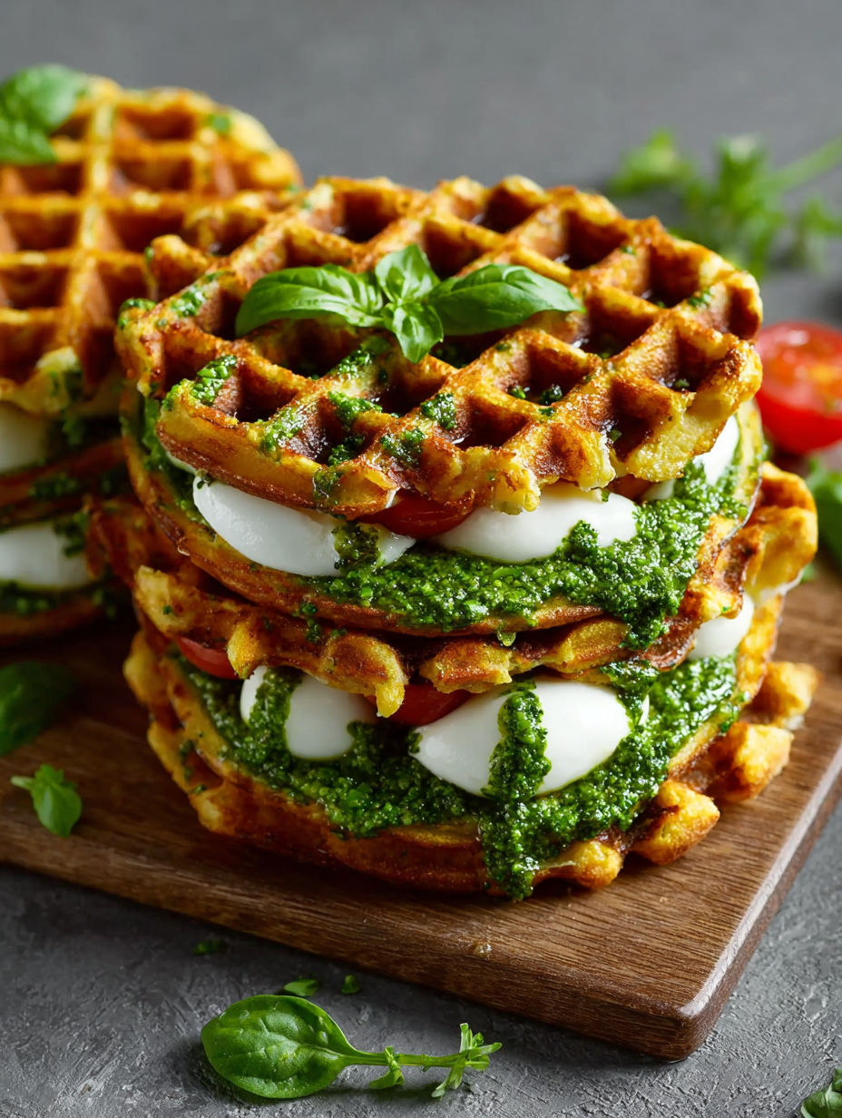 Une pile de waffles verts et blancs, avec des herbes et des tomates, est servie sur une table.