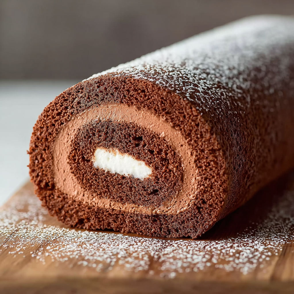 Une génoise au chocolat spéciale roulés est servie sur un plateau.