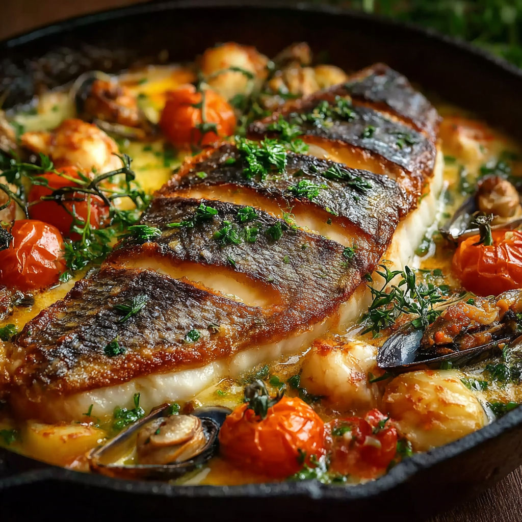 Une recette de poisson grillé avec des tomates et des herbes.