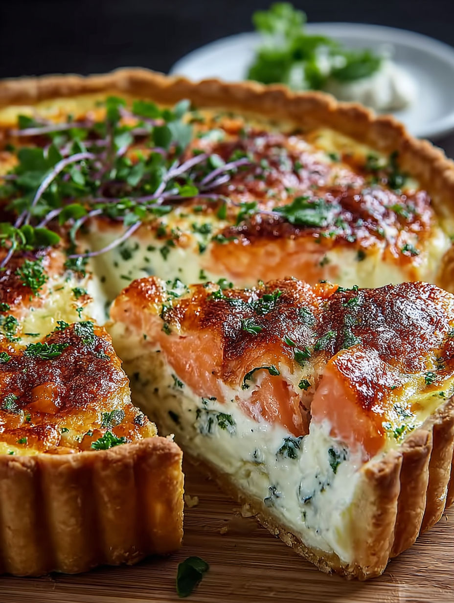 Une quiche au saumon fumé et boursin, avec des herbes et des légumes, est servie sur un plateau.