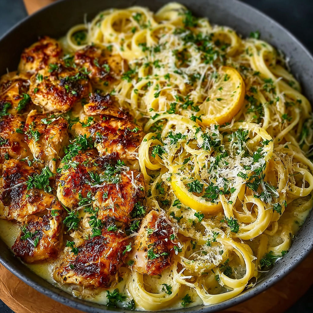 Une image de poulet au beurre citronné et à l'ail avec des linguines crémeuses au parmesan.