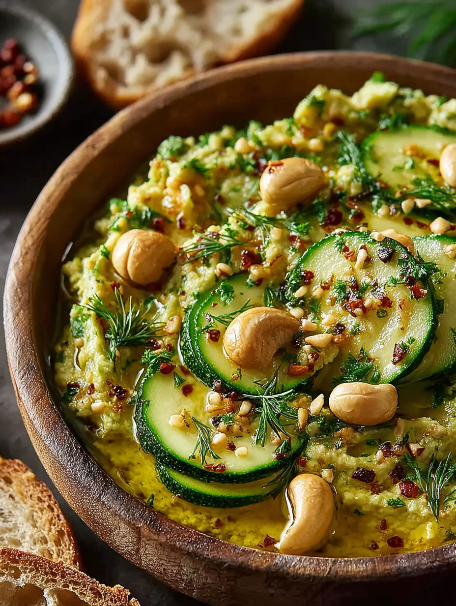 Une tartine de courgettes aux noix de cajou et épices, servie dans un bol en bois.