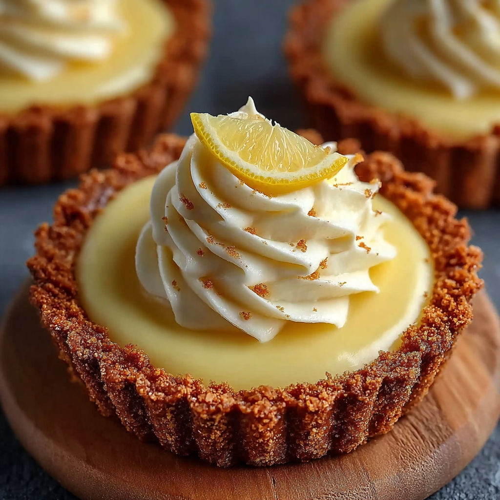 Une tartelette au citron sur croûte de spéculoos est servie sur un plateau.