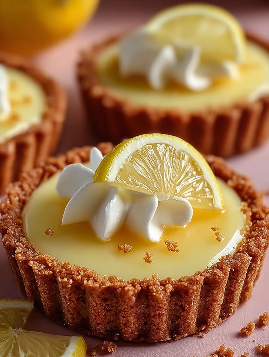 Une tartelette au citron sur croûte de spéculoos est servie sur une table.