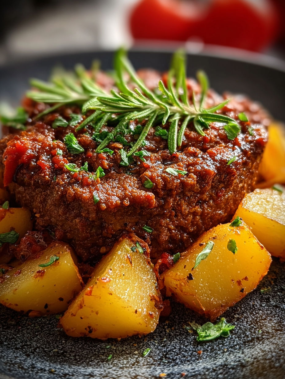 Une recette de viande chaude avec des pommes de terre et des herbes.