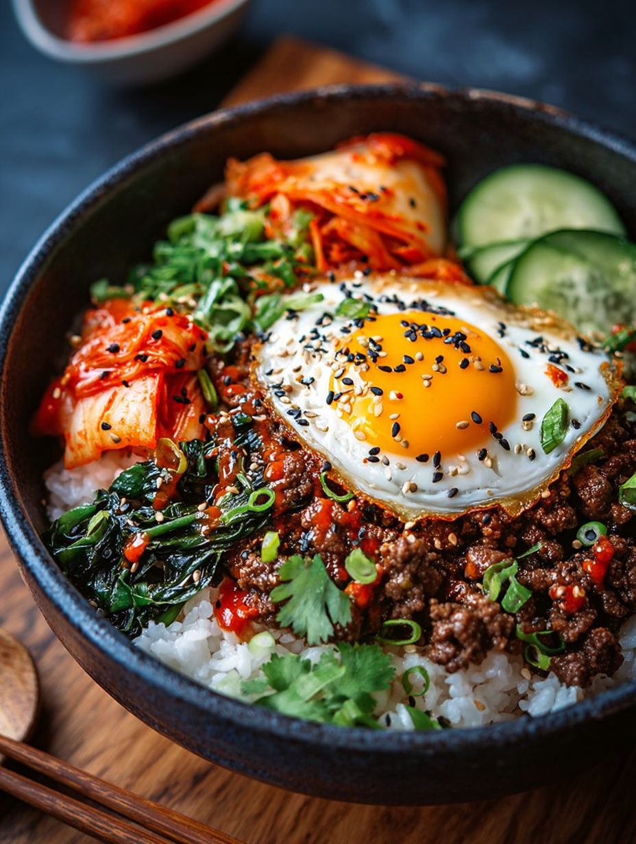 Une recette de riz et de légumes avec une omelette au centre.