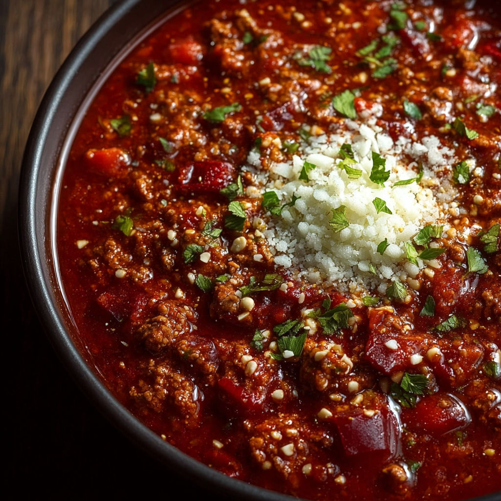 Une soupe chili protéiné elevé, avec des herbes fraîches et du fromage râpé, est servie dans un bol.