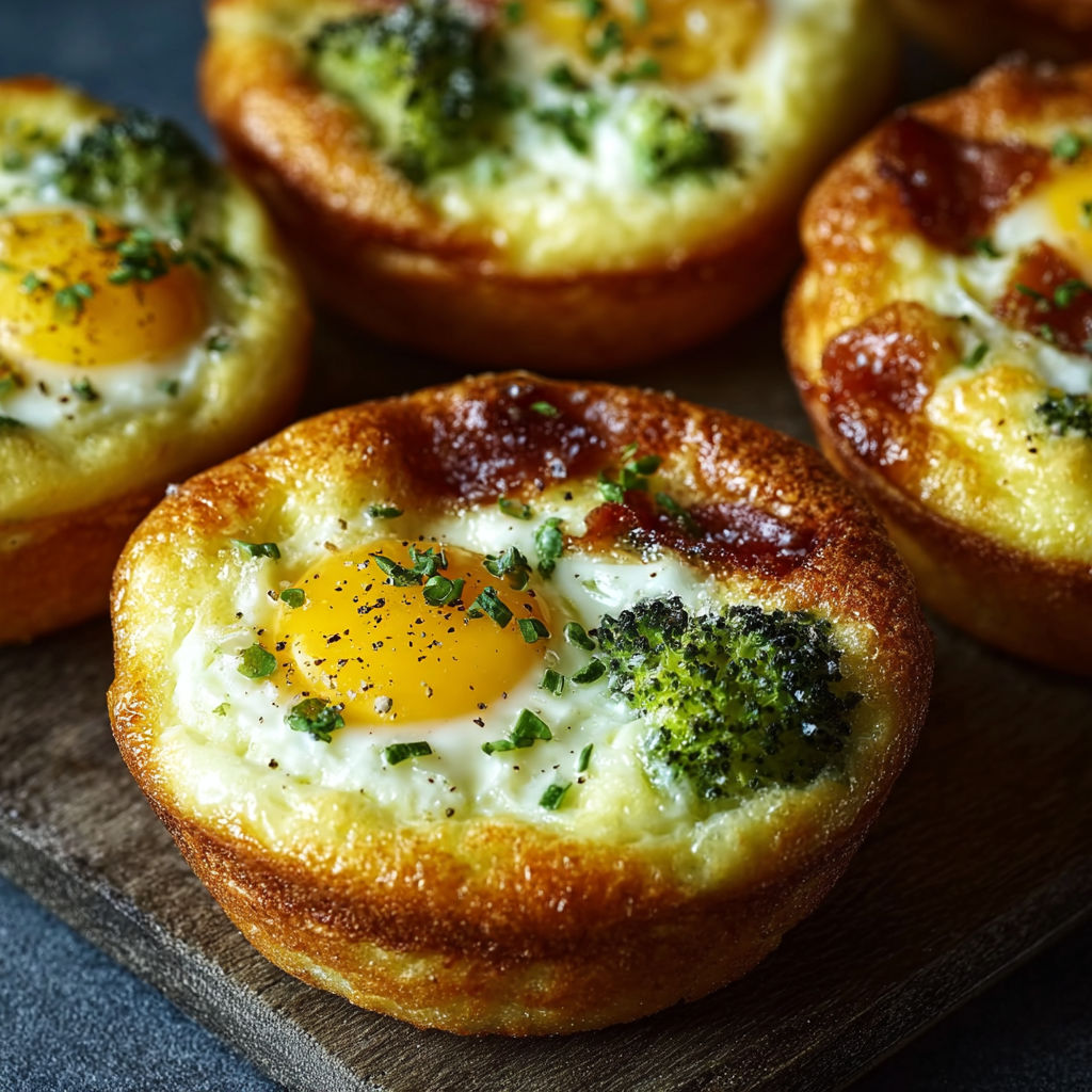 Des mini-pâtés d'œufs au brocoli et au cheddar, accompagnés de fromage cottage, sur un plateau de bois.