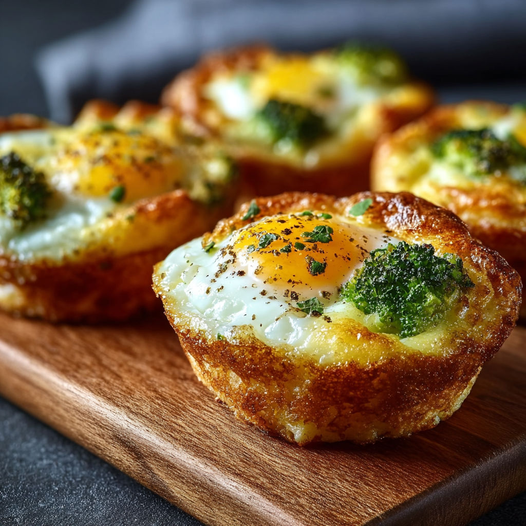 Des bouchées d'œufs au brocoli et cheddar avec fromage cottage sur une planche de bois.