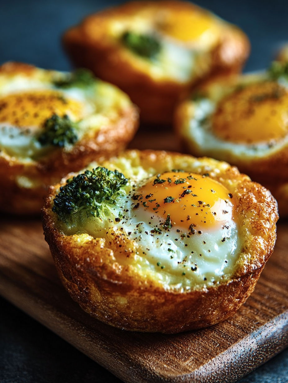 Des mini-pâtés au brocoli et au cheddar, garnis de fromage cottage, sont présentés sur un plateau.