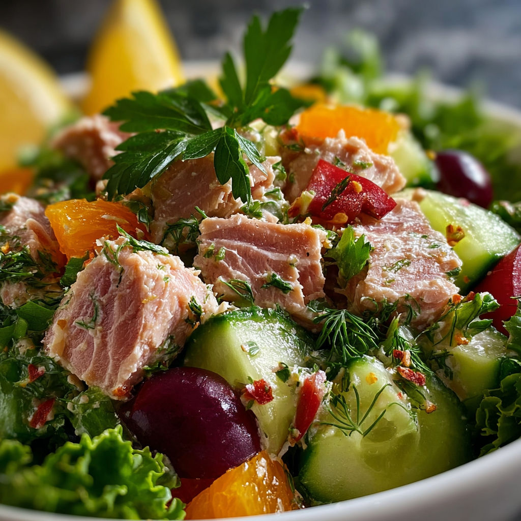 Une salade de poisson et de légumes, avec des oranges, des cucumbers, des tomates, des concombres et des herbes.